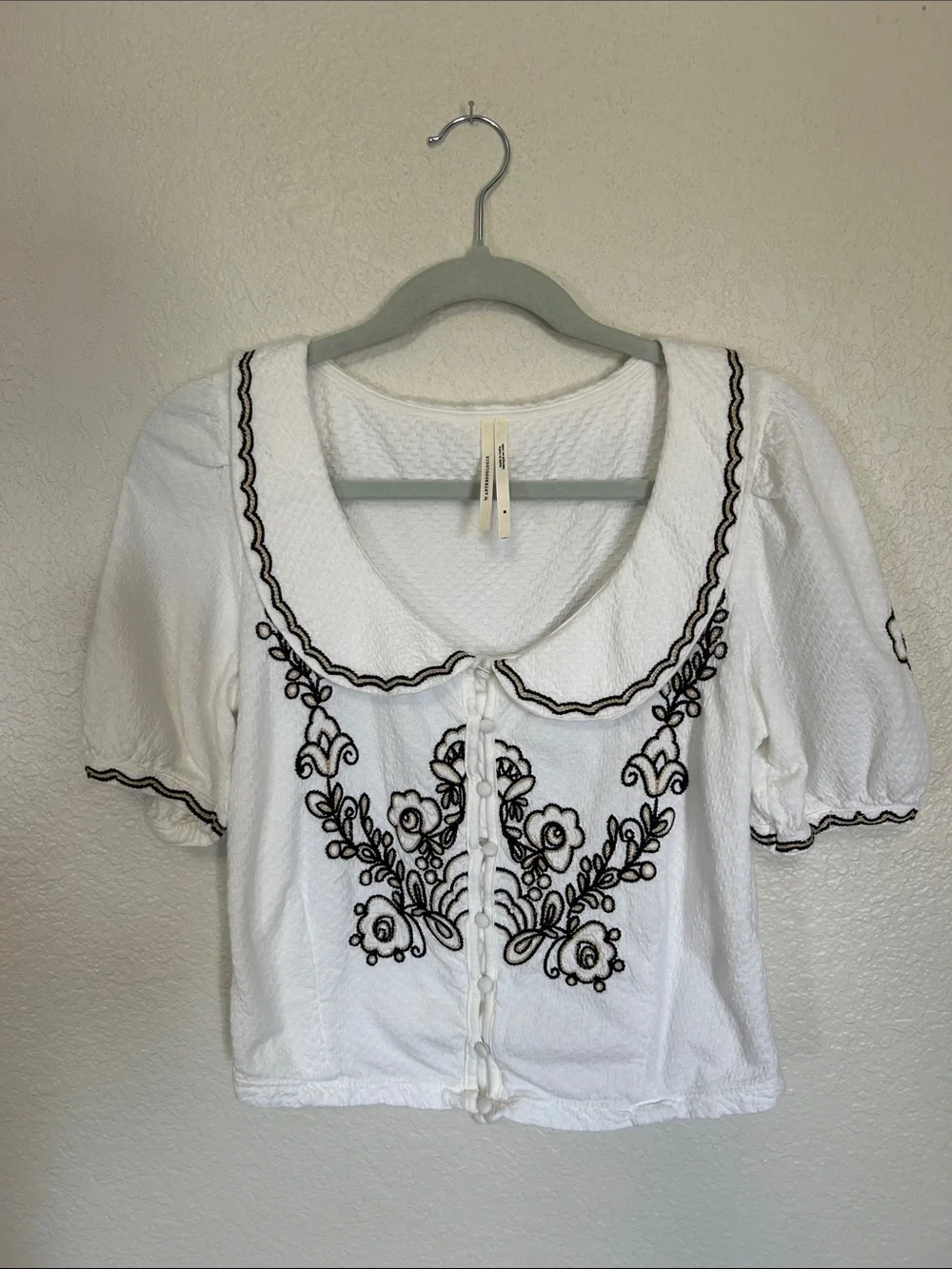 Anthropologie White Blouse with Black Embroidery